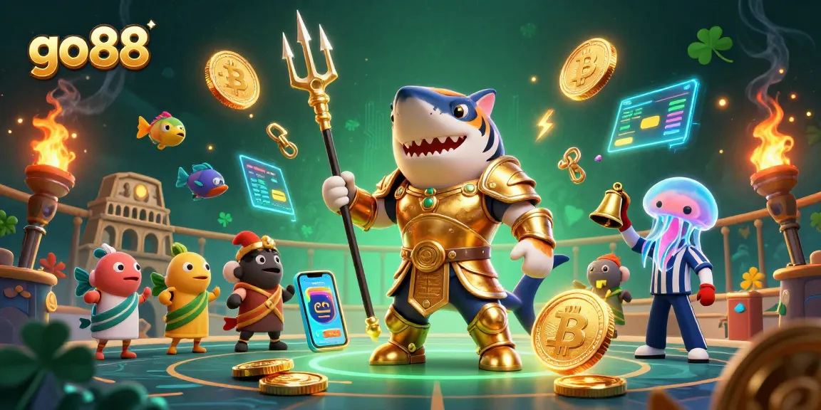 Experience the thrill of go88 with a vibrant 3D underwater casino scene featuring a fierce shark gladiator.