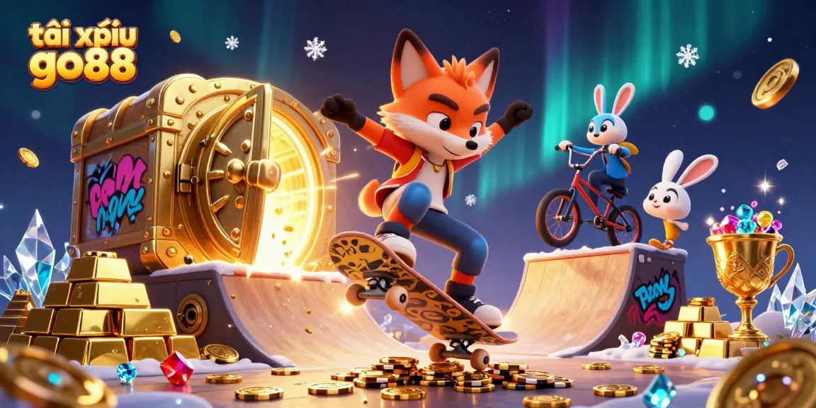 Tài xỉu go88 gameplay featuring a skateboarder fox and BMX rabbit in a casino-inspired dynamic scene.