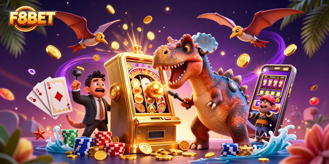 F8BET features a cartoon dinosaur hitting a slot machine while coins fly in a vibrant casino scene
