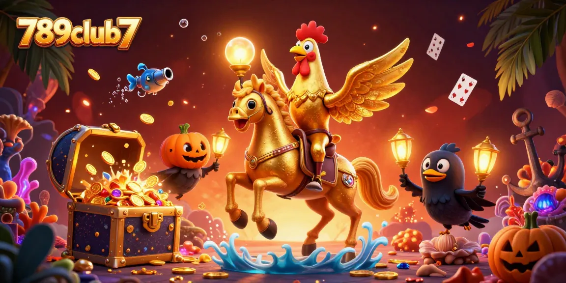 Experience gaming excitement at 789club7 with a golden rooster and dynamic casino elements.