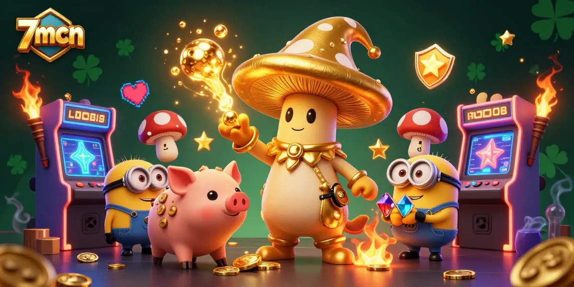 Engage with 7mcn's thrilling features, showcasing a magical scene of gaming elements combined with treasure hunting.