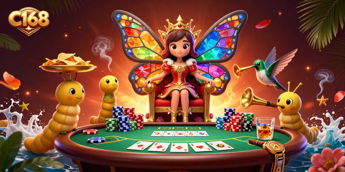 C168 captivates with a vibrant scene showcasing a butterfly queen surrounded by poker elements and colorful chips.