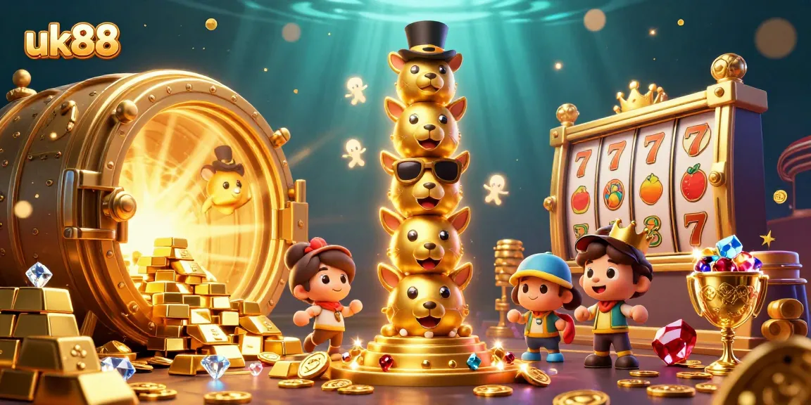 Win big at uk88 with a vibrant slots scene featuring dazzling treasures and animated characters.