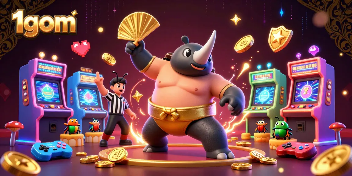 1gom showcases thrilling moments in a vibrant casino scene with beetles amid a flurry of coins and game elements.