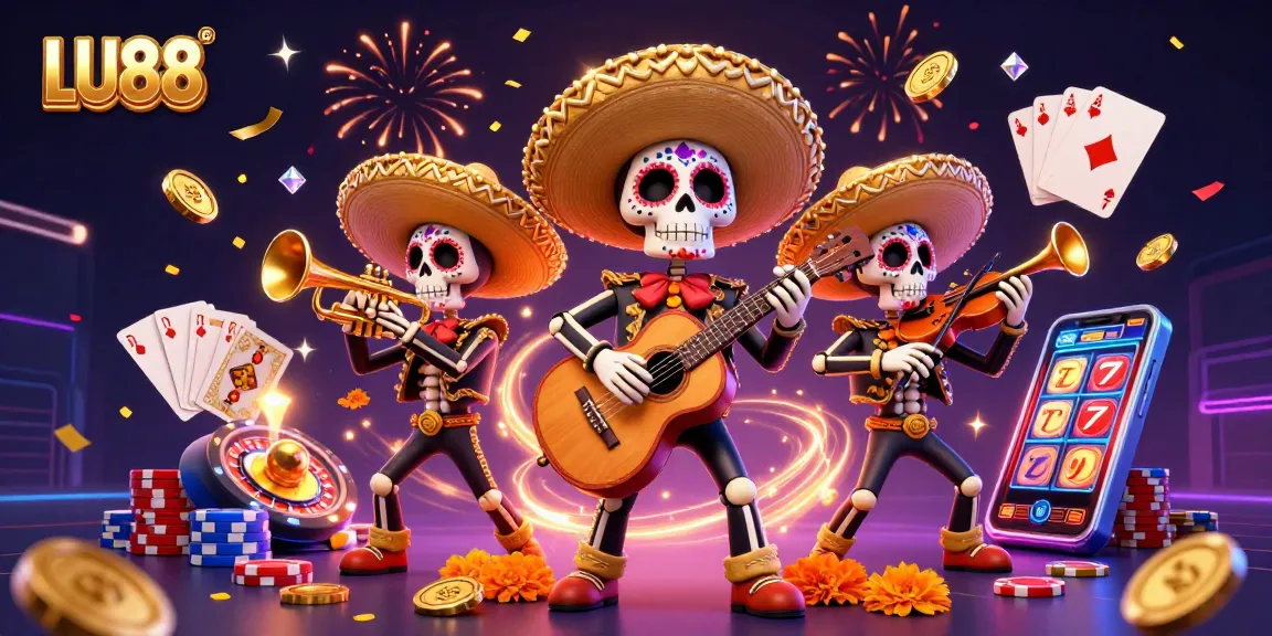 Experience vibrant LU88 casino action with 3D mariachi band, golden coins, and festive elements.