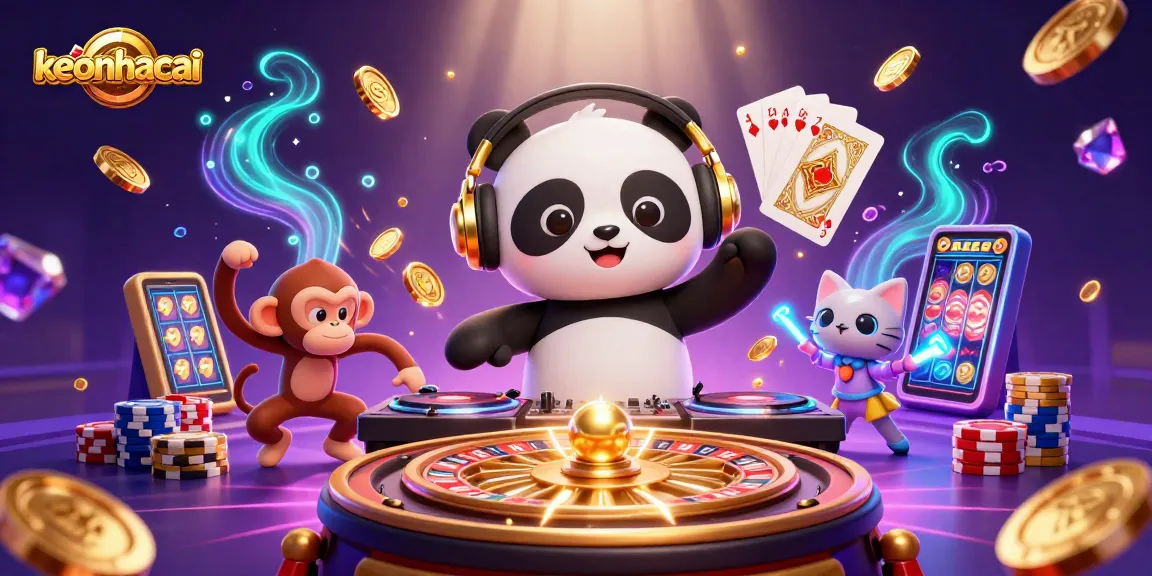 Celebrate with keonhacai through vibrant 3D characters and casino-themed elements in a lively scene.