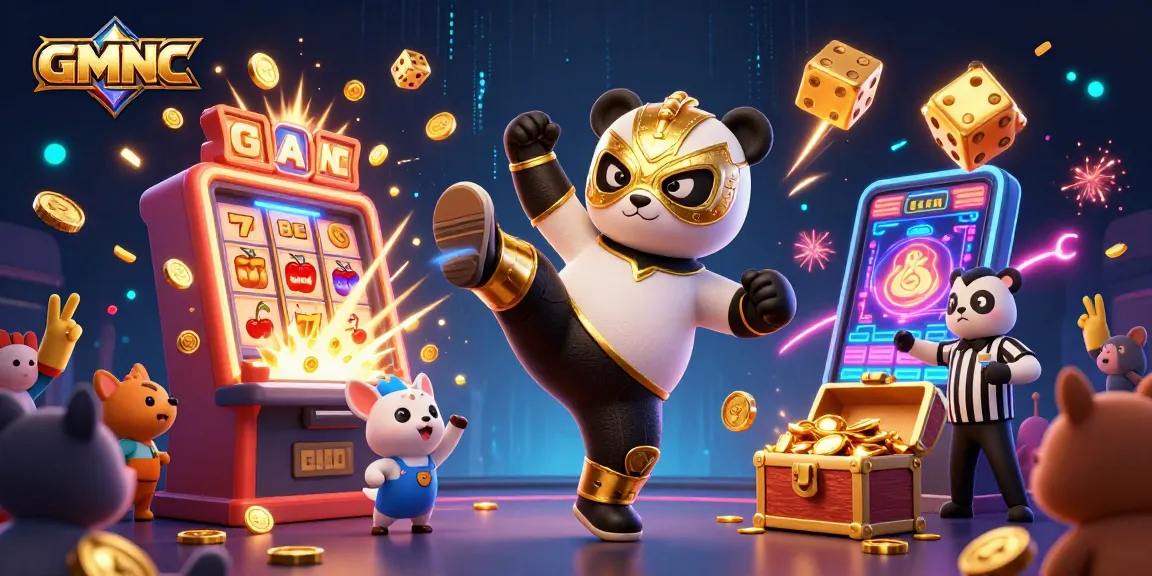 GMNC showcases a lively 3D casino scene featuring a panda wrestler with a flying kick amidst vibrant gaming elements.