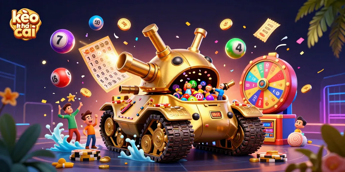 Kèo nhà cái showcases a 3D casino beetle tank with vibrant games and lottery elements in an exciting illustration.