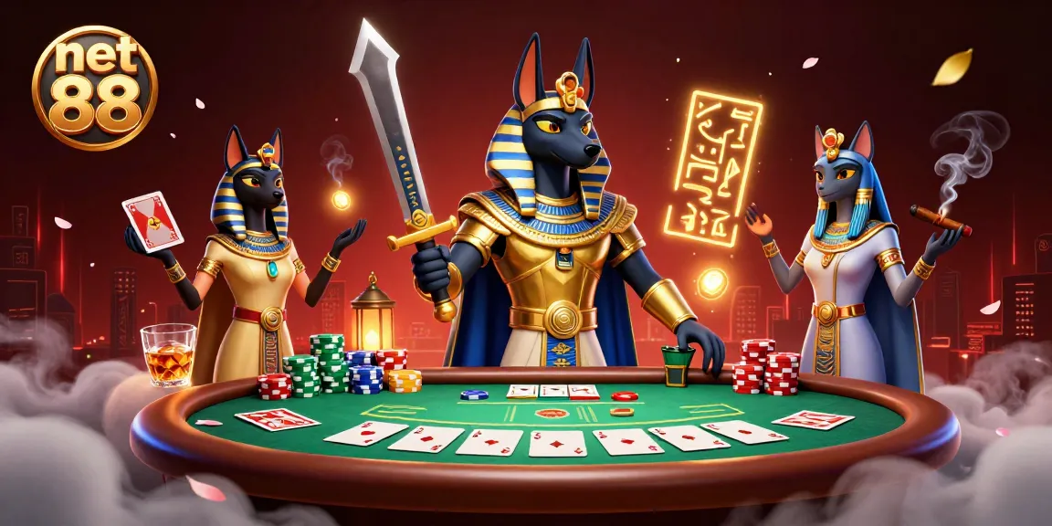 Engage in thrilling poker action with net 88 as Anubis and Bastet surround a vibrant casino scene.