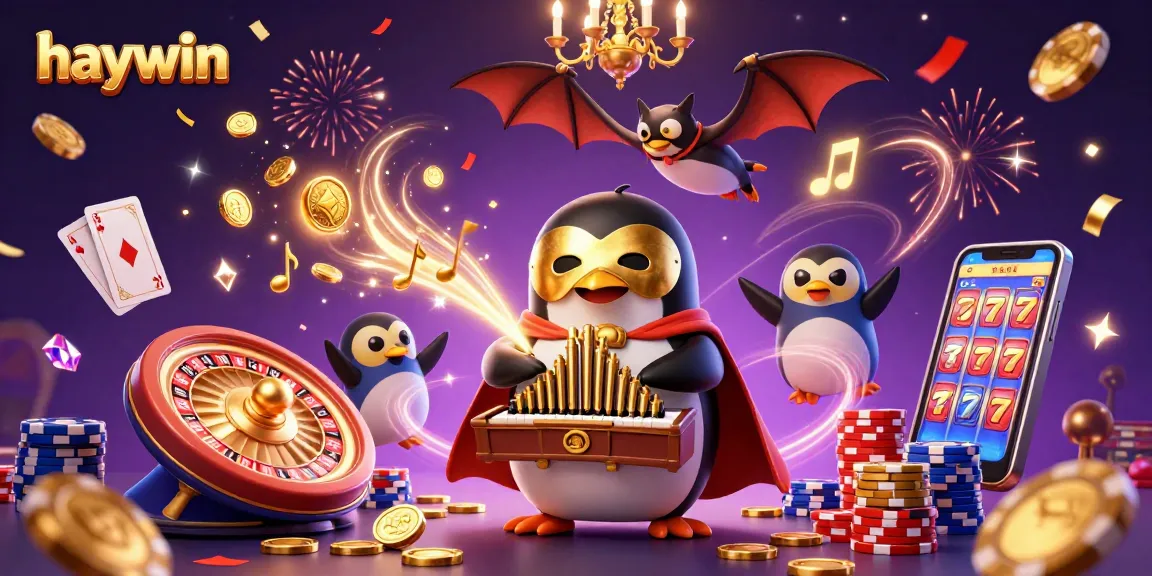 Experience haywin's thrilling gaming action with 3D characters and casino elements in an immersive illustration.