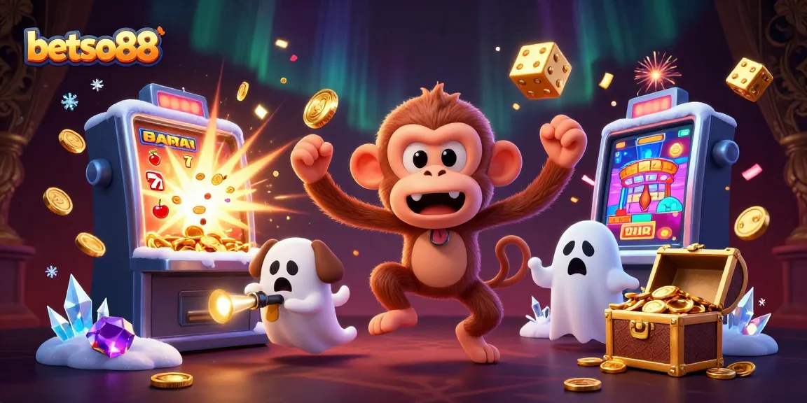 Immerse in betso88's thrilling gaming experience as a playful poltergeist monkey juggles casino treasures.