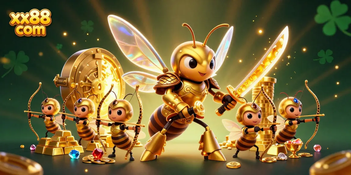 Experience the excitement of xx88 com with a lively casino scene featuring whimsical hornet characters amidst gold and gems.