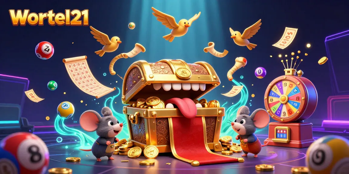 Engage with the vibrant Wortel21 casino scene featuring dynamic lottery elements and 3D characters.