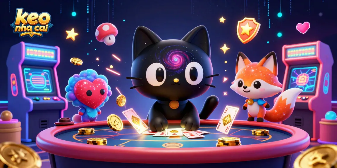 Engage with keo nha cai in a colorful cosmic casino scene featuring a black hole cat and a nebula fox.