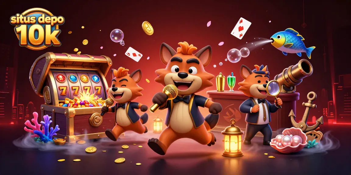 Situs depo 10k showcases hyenas at a comedy casino, mixing drinks and checking IDs amidst vibrant gaming elements.