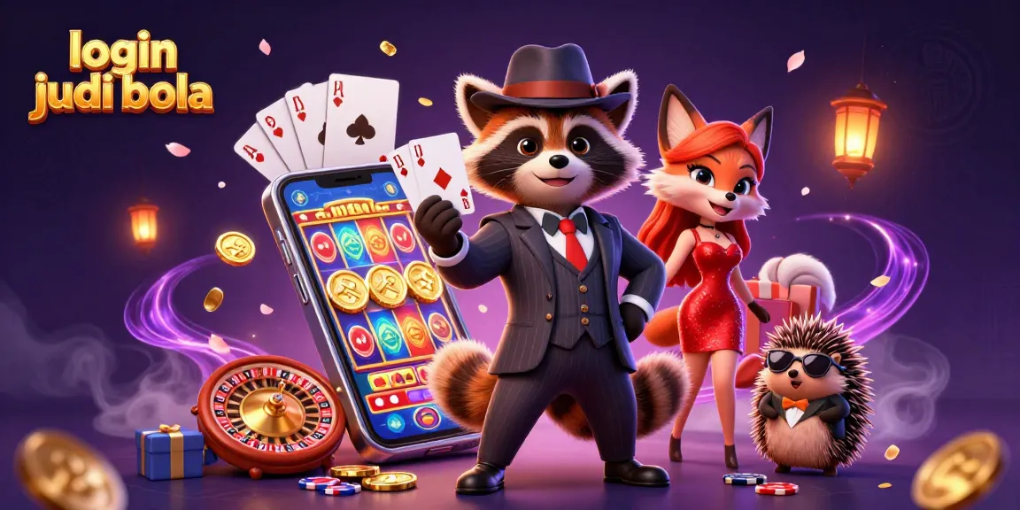 Experience login judi bola with a suave raccoon, a charming fox, and a hedgehog in a vibrant casino setting.