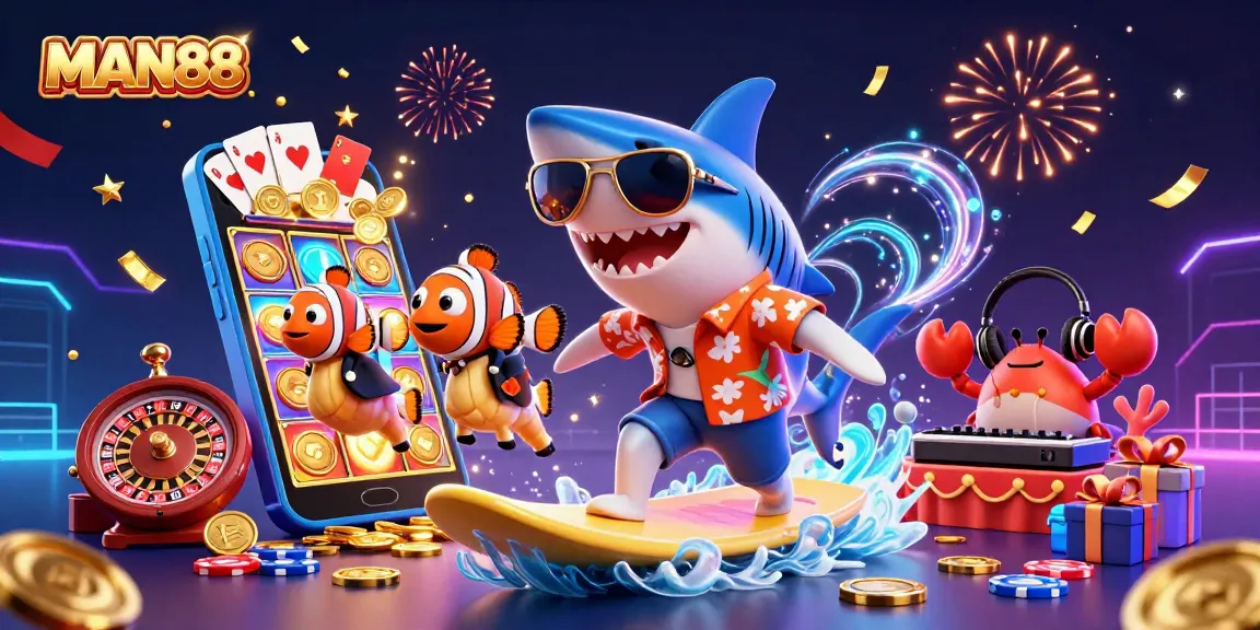 Experience MAN88 action with a shark surfing coins, bringing excitement to online gaming.