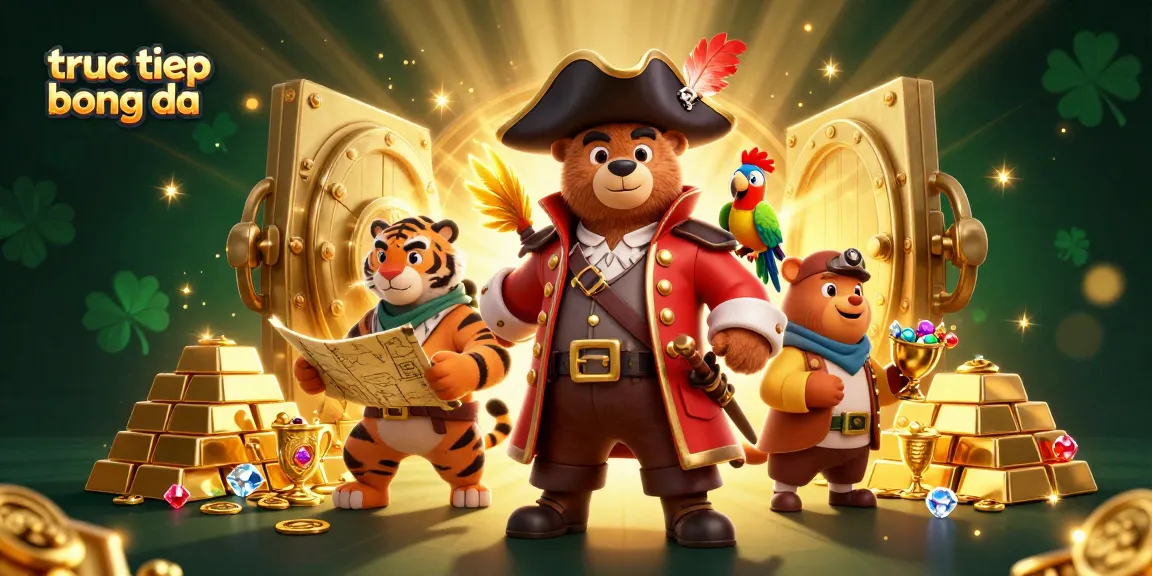 Watch truc tiep bong da with a playful 3D pirate scene rich with treasures and dynamic energy.