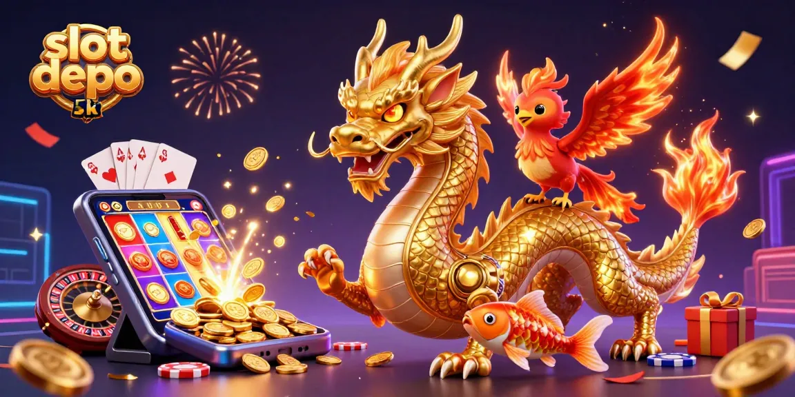 Spin to win with slot depo 5k and vibrant gaming elements in an immersive casino illustration.