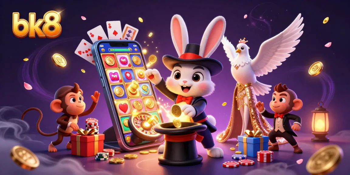 Catch the excitement with bk8's magician rabbit pulling coins, a stunning dove, and a playful monkey in a vibrant casino scene.