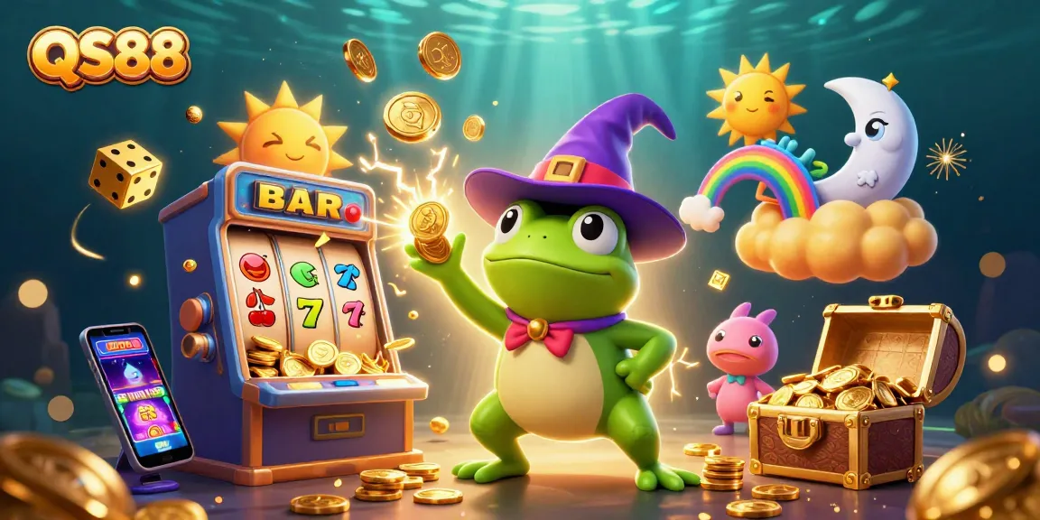 QS88 delivers an electrifying experience with casino elements, featuring a whimsical frog and vibrant chameleon.