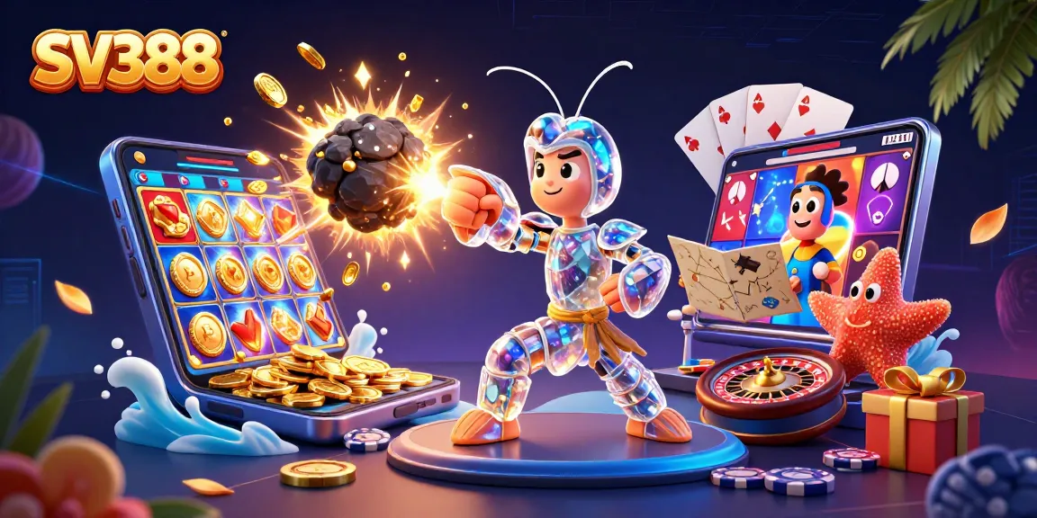 Engage with SV388's exhilarating action as mantis shrimp battles asteroids in a vibrant casino scene.