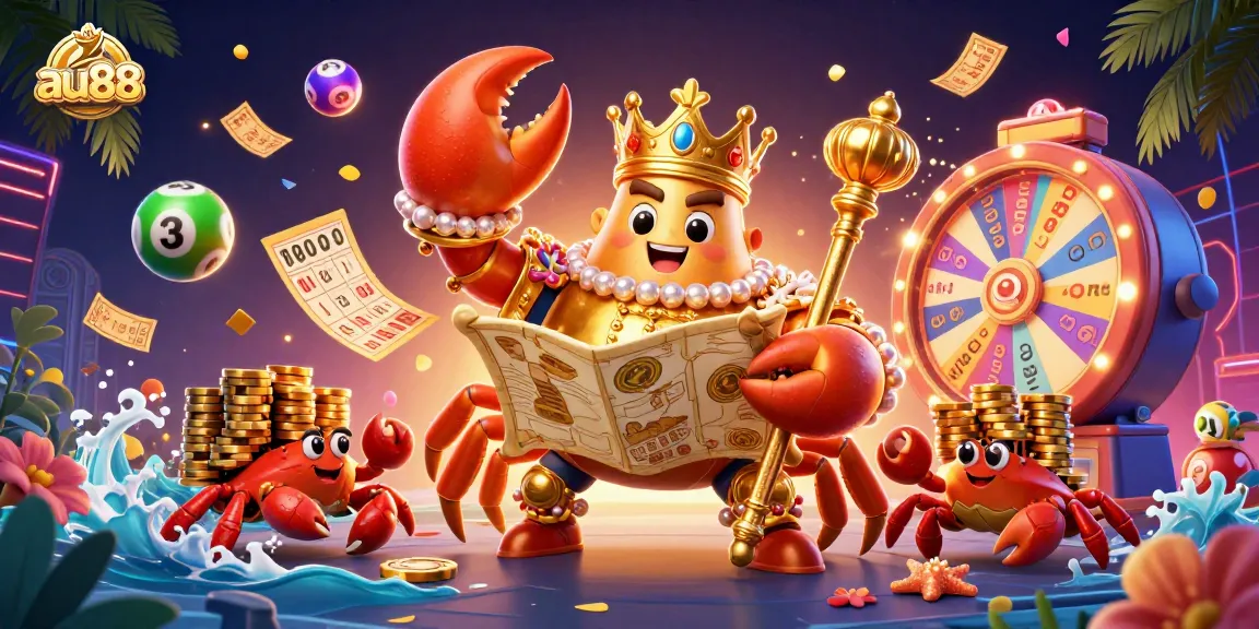 Join the excitement at au88 with a vibrant 3D scene featuring a golden crab emperor and dynamic lottery elements.