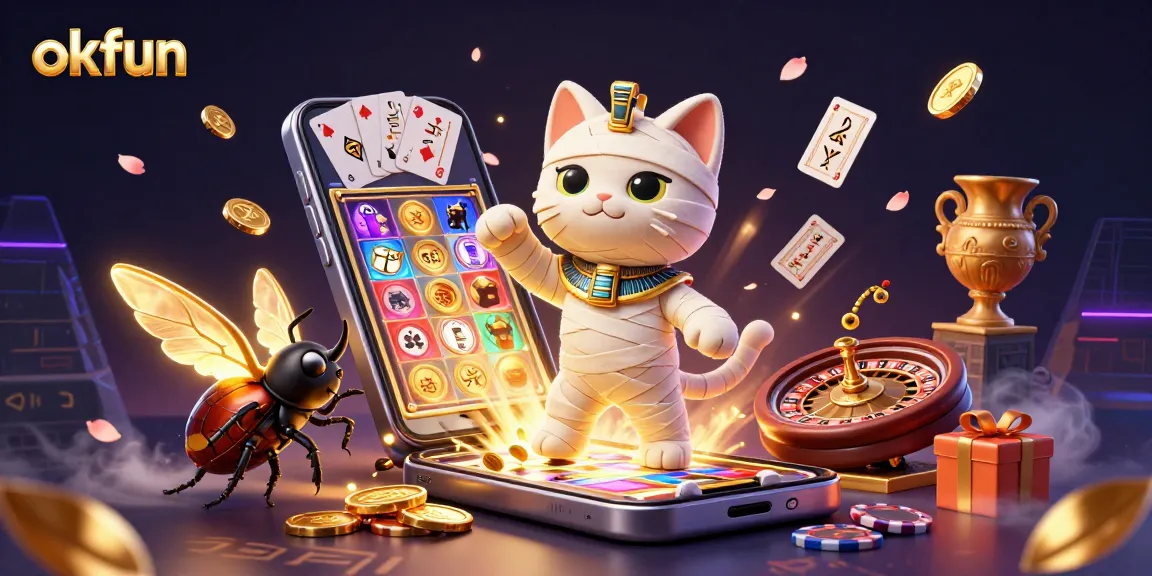 Engage with the okfun casino experience featuring a vibrant Egyptian scene, dynamic slot action, and mystical atmosphere.