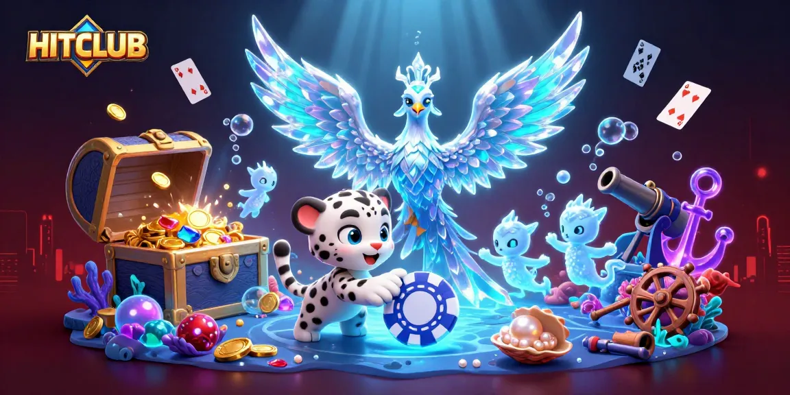 Play thrilling games at HITCLUB, featuring a vibrant ice phoenix, poker chips, and exciting casino elements.