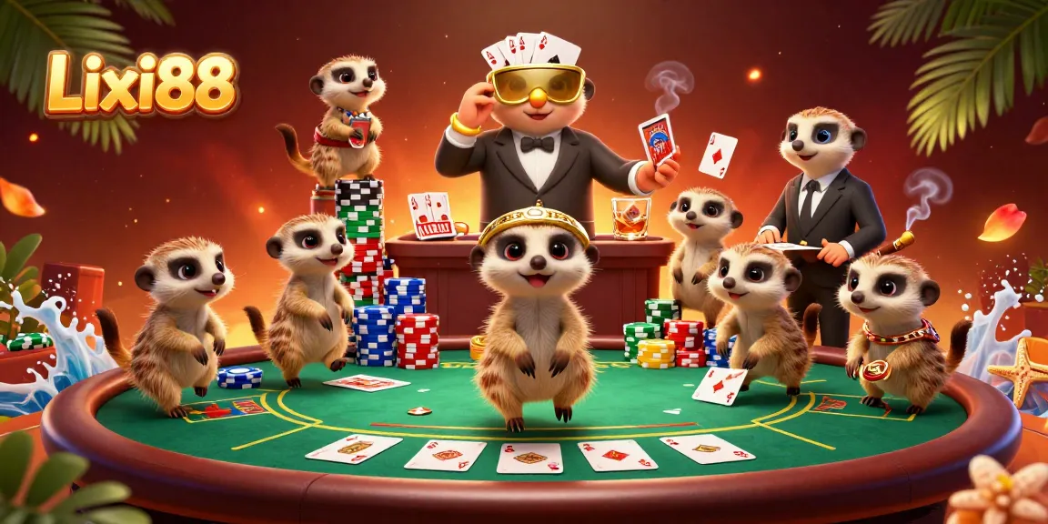 Engage with Lixi88's exciting casino experience featuring meerkat dealers and vibrant poker elements.