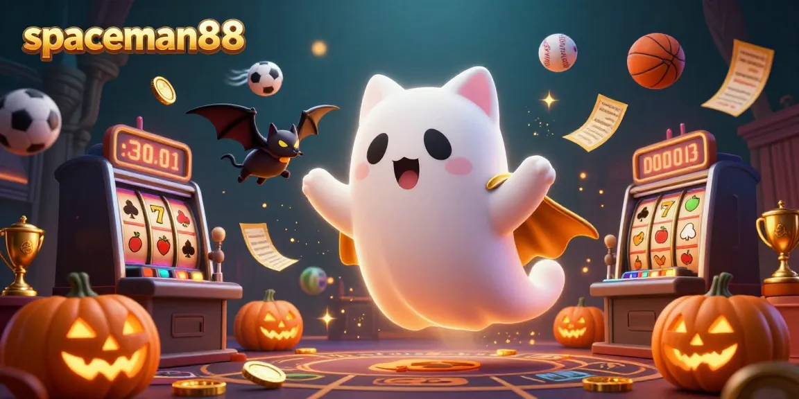 Spaceman88 offers thrilling slot action with a friendly ghost cat and vibrant casino elements in a dynamic scene.