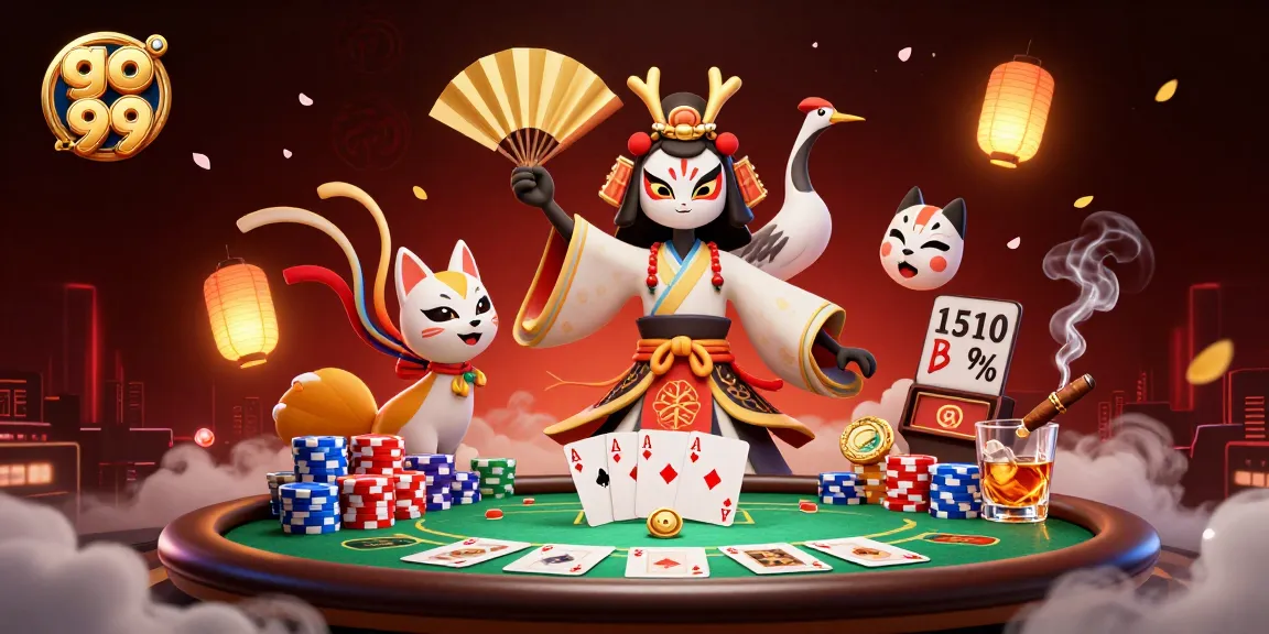 Experience the thrill of go 99 poker with kabuki warriors, vibrant chips, and an eclectic casino vibe.