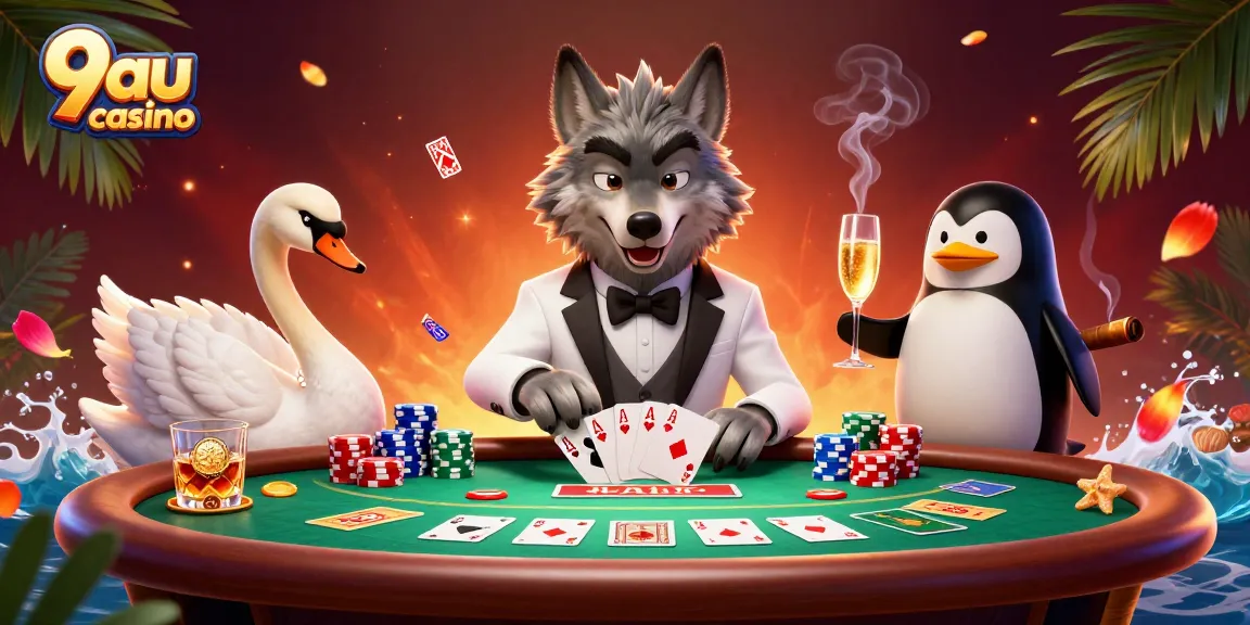 Engage with the vibrant 9au casino scene featuring characters at a baccarat table.