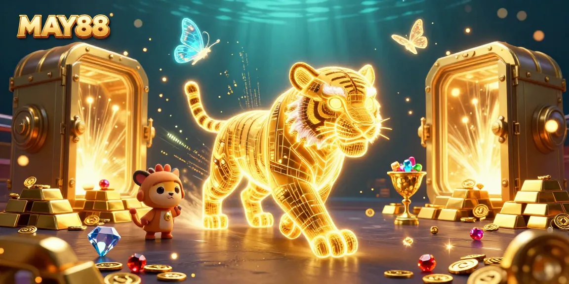 MAY88 showcases a vibrant golden tiger and treasure in a bustling digital casino scene.