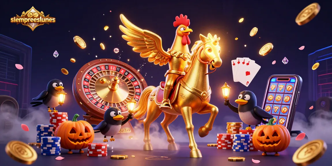 Spin the reels at siempreeslunes with a golden rooster and mystical elements in a lively casino backdrop.