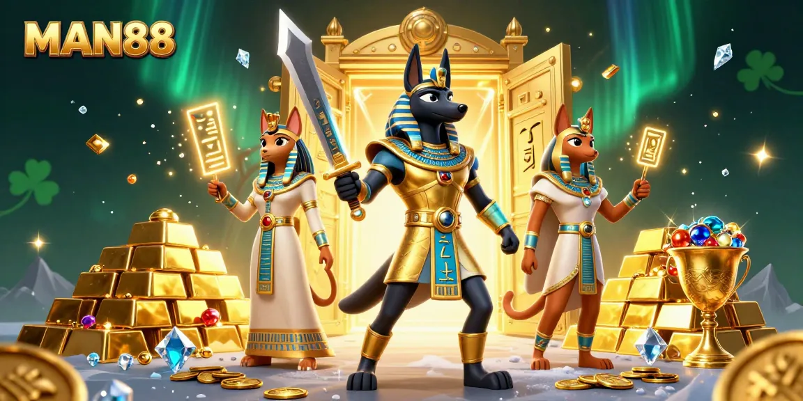 Experience winning at MAN88 with Anubis and Bastet amidst a treasure-rich casino setting.