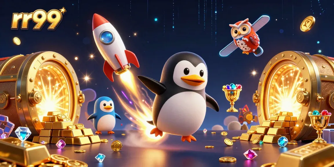 rr99 golden penguin racing towards a giant poker chip space station amid treasures and sparkling gems.
