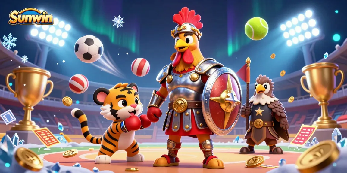 Experience thrilling sunwin action with a gladiator rooster and sporting elements in a vibrant casino scene.