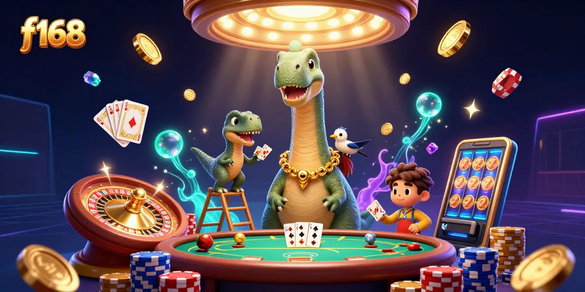 Experience the thrill at f168 with a spectacular casino scene, featuring dynamic characters and game elements.