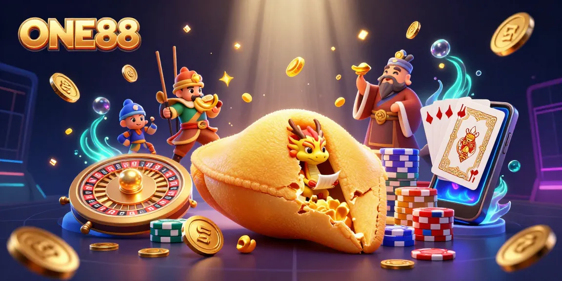 Engage in ONE88's exciting world of gambling with a dynamic, golden fortune cookie scene.