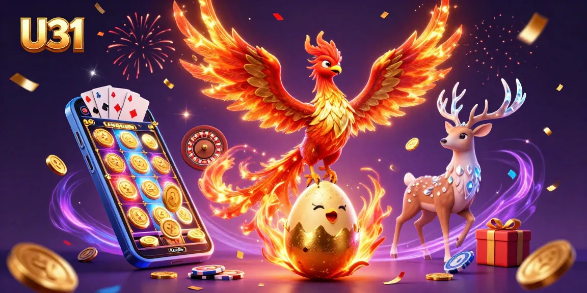 Experience thrilling gaming adventures with U31's vibrant phoenix and mystical stag in a magical casino scene.