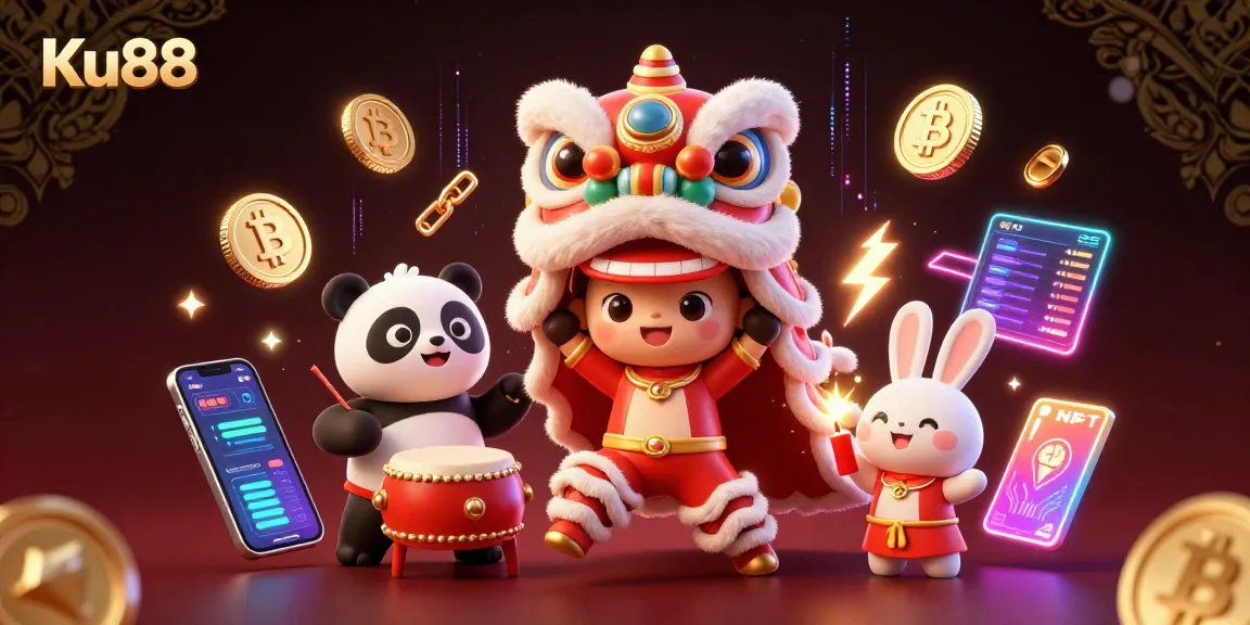 Engage with Ku88 through dynamic casino-themed illustration featuring vibrant lion dance and crypto elements.