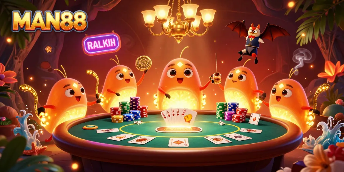Experience thrilling poker action at MAN88 with vibrant glowworms and bat dealer lighting up the game.