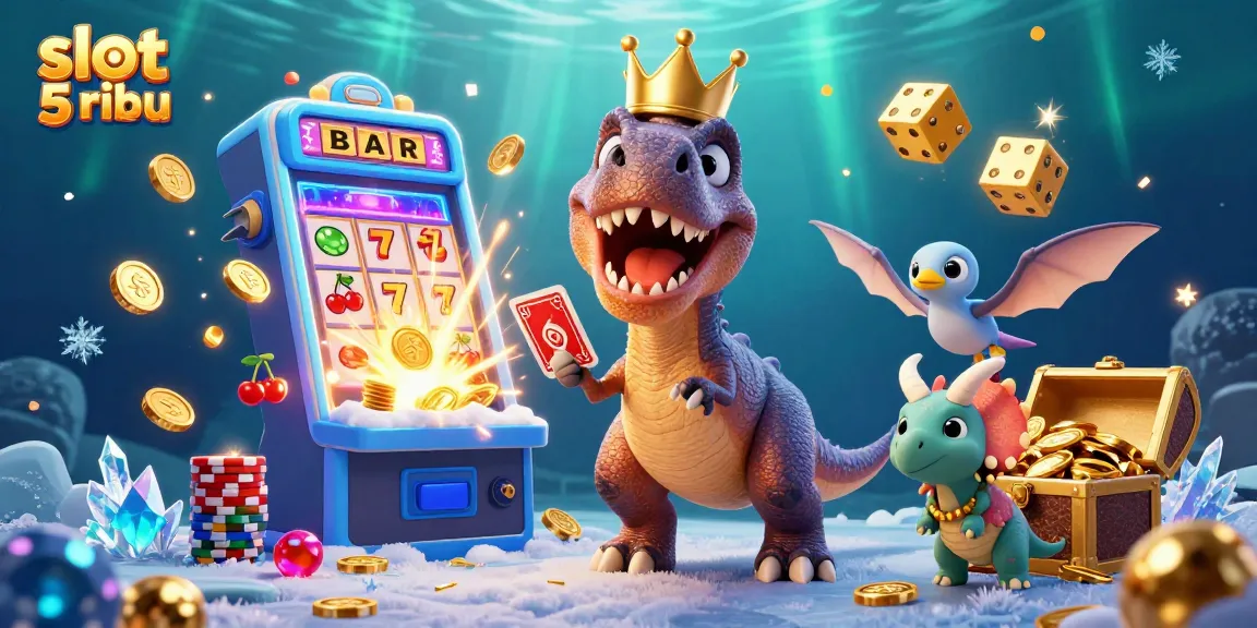 Engage in thrilling gameplay at slot 5 ribu with a cartoon dinosaur scene exploding with colors and excitement.