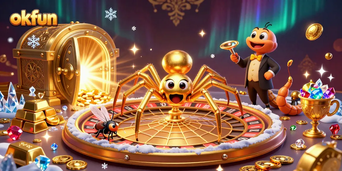 okfun spins the roulette wheel in a vibrant casino scene filled with treasures and game action
